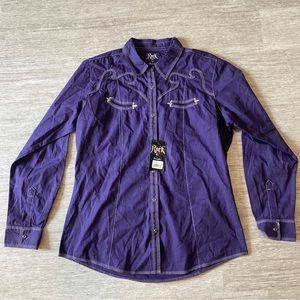 Women’s Rock 47 By Wrangler 100% Cotton Long Sleeve Pearl Snap Shirt Purple XL